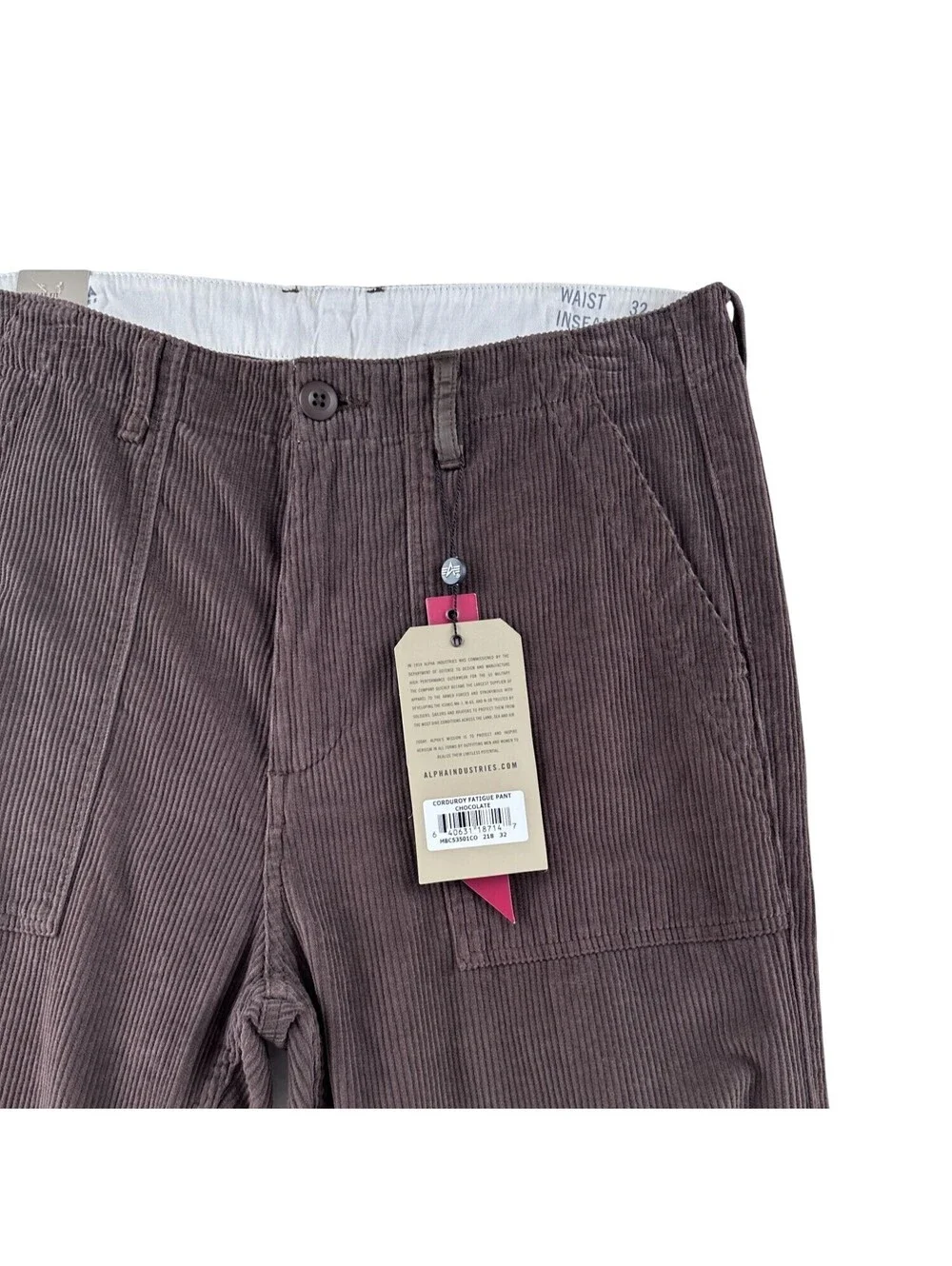 NEW Alpha Industries Corduroy Fatigue Pant Chocolate 32/32 Regular Fit Low Waist